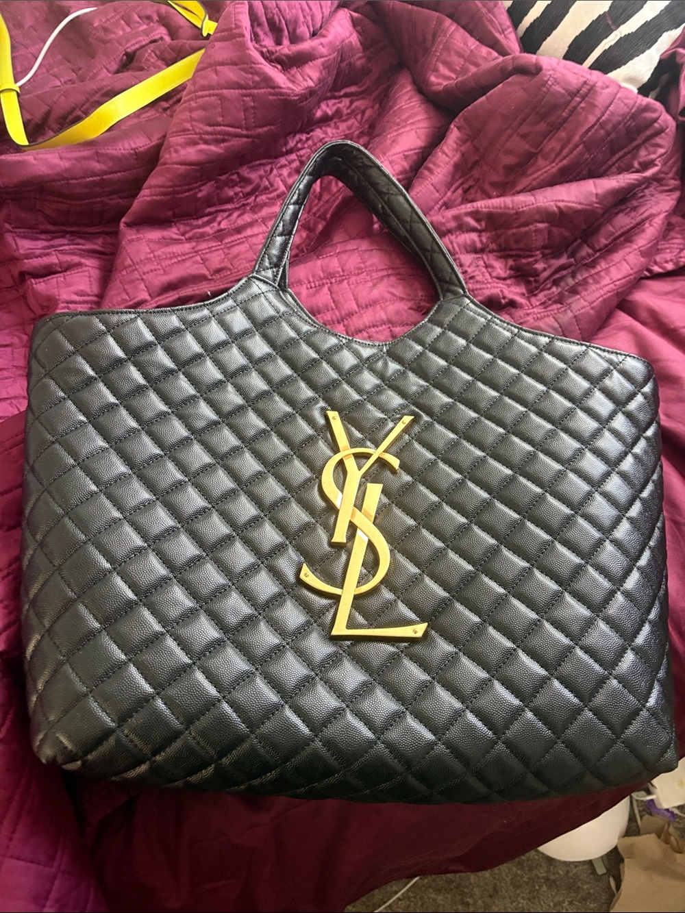 Saint Laurent Black Quilted Leather Tote with Gold YSL Emblem